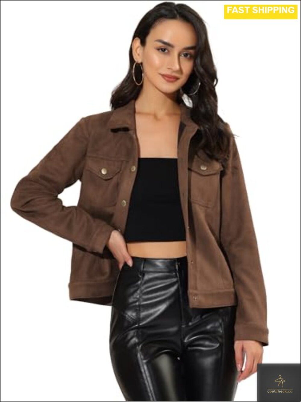 Faux Suede Shacket Snap Button Turn-Down Collar Long Sleeve Loose Fit